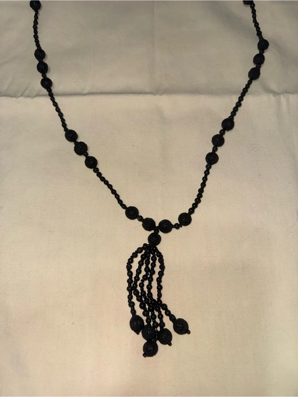 Victorian Black Faceted Bead Long Tassel Statement Necklace